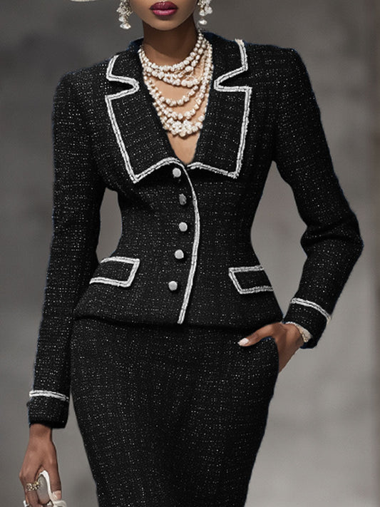 Elegant Lapel Single-breasted Blazer And Skirt Tweed Two-piece Suit