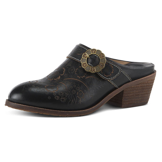 Floral Print Round Toe Block Heel Black Womens Western Mules