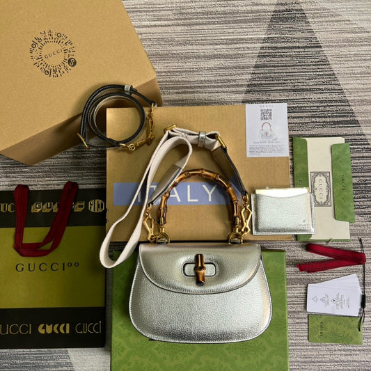 gg Bamboo 1947 Medium Top Handle Bag Silver For Women, Women&#8217;s Bags 10.2in/26cm gg