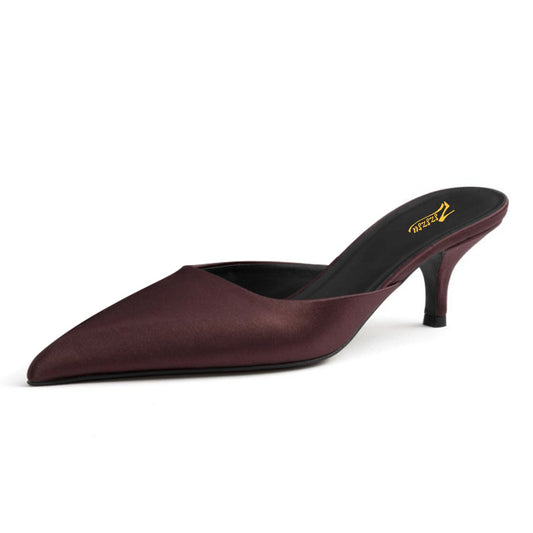 Dark Brown Satin Kitten Heel Pointed Toe Mule Shoes for Women