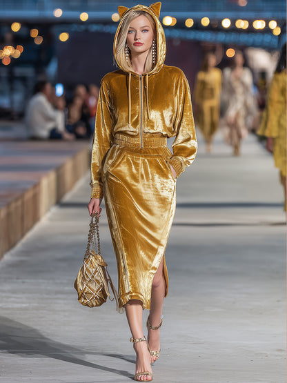 Fashionable And Playful Gold Velvet Cat Zipper Hooded Slit Midi Dress