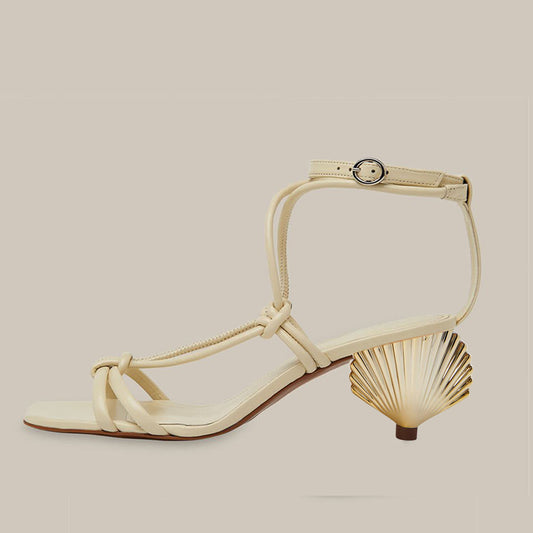Beige Square Toe Decorative Heel Ankle Strap Sandals