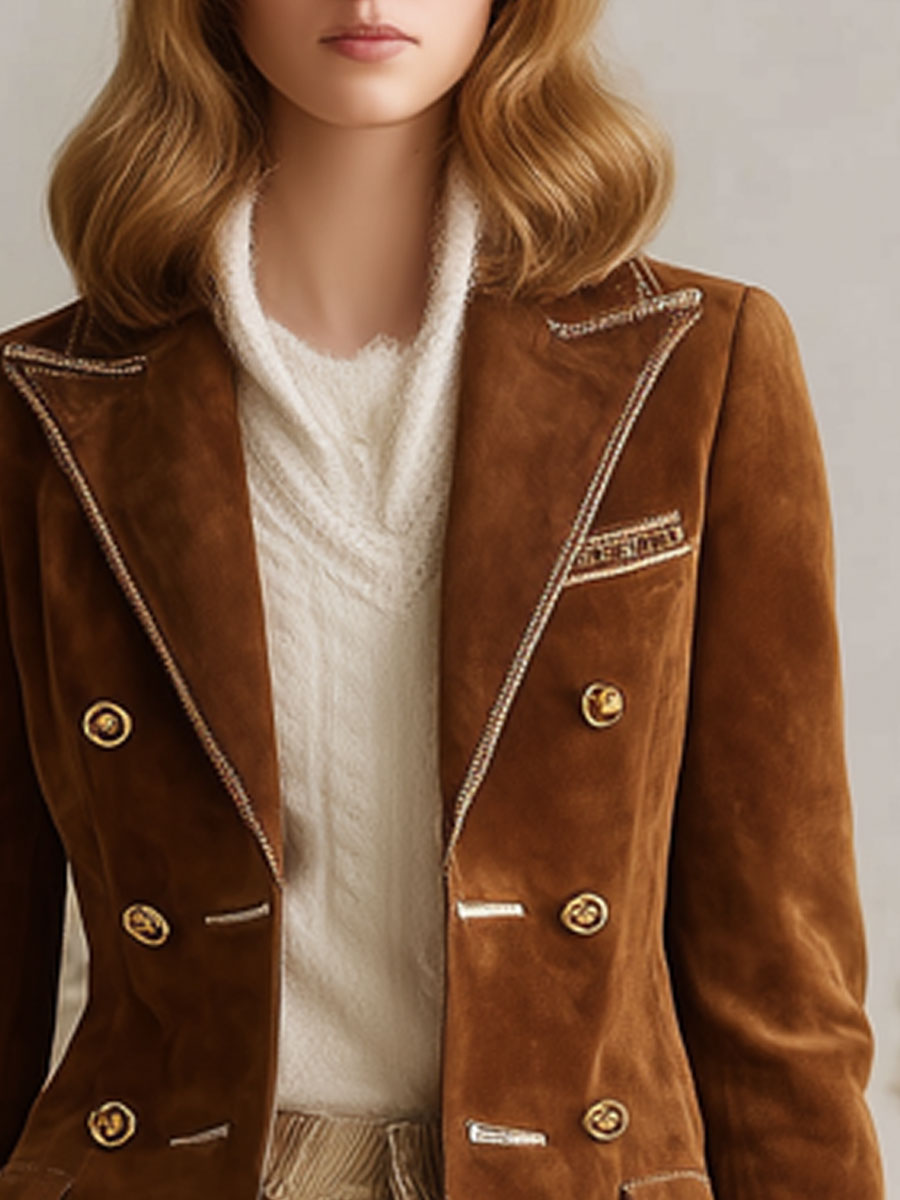Fashion Vintage Gold Trim Caramel Faux Suede Blazer