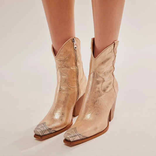 Dull Gold Distressed Metal Snip Toe Side-Zip Cowgirl Ankle Boots