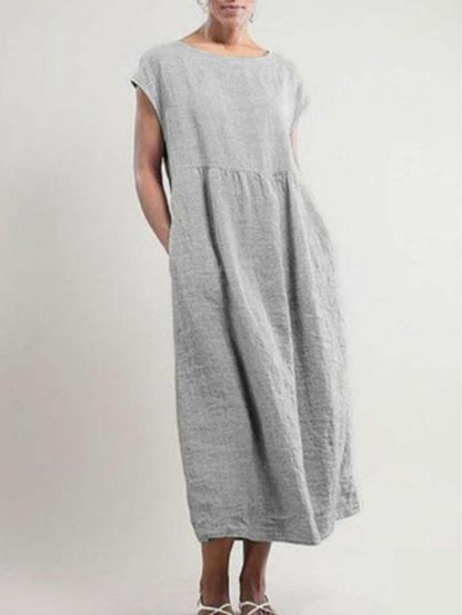 Solid color sleeveless loose cotton and linen pocket dress