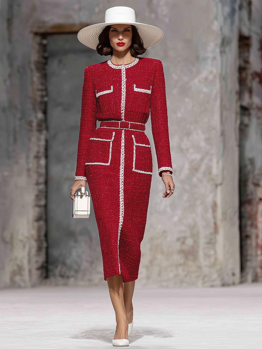 Elegant Textured Fabric Ribbon Round Neck Midi Dress