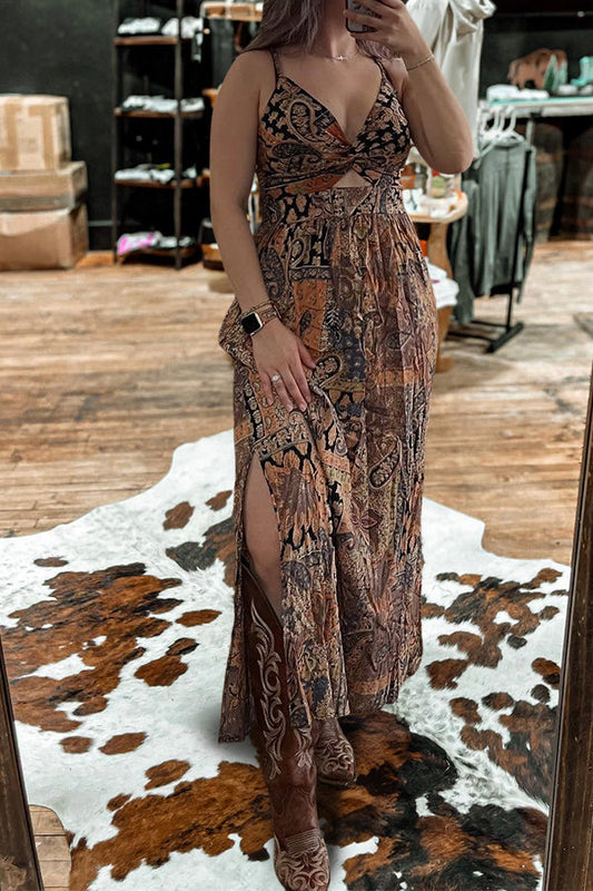 Ethnic Print Twist Slit Maxi Dress