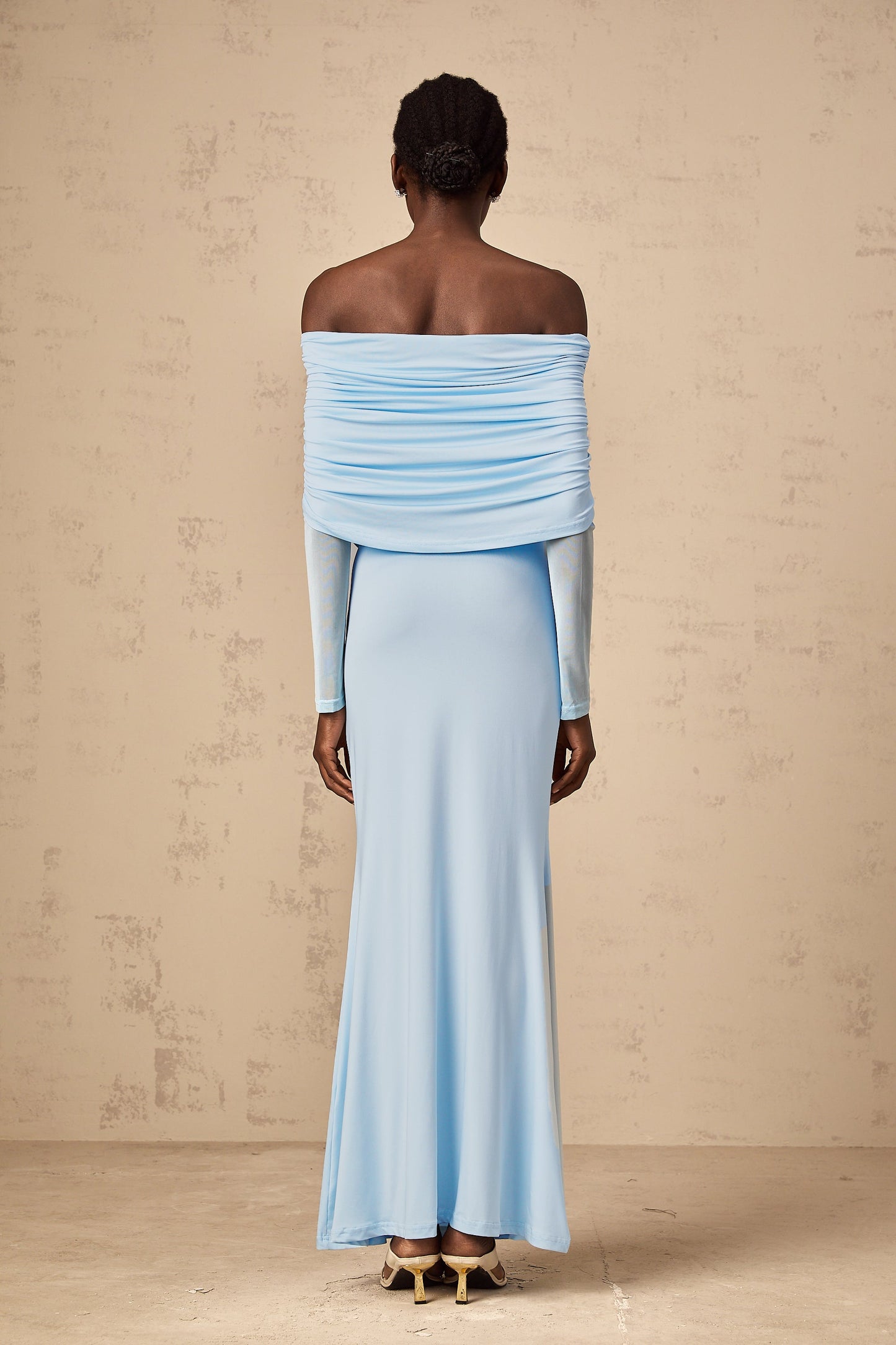 Ninon blue off-shoulder ruched maxi dress