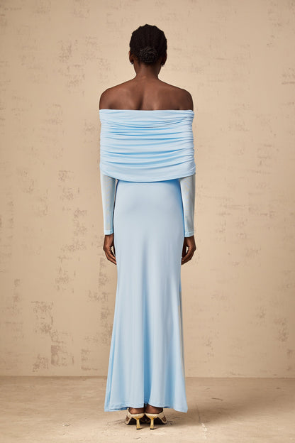 Ninon blue off-shoulder ruched maxi dress