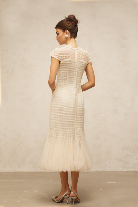 Bérengère white jacquard tulle-panel midi dress