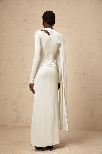 Josette White Diagonal Shawl Fitted Maxi Dress