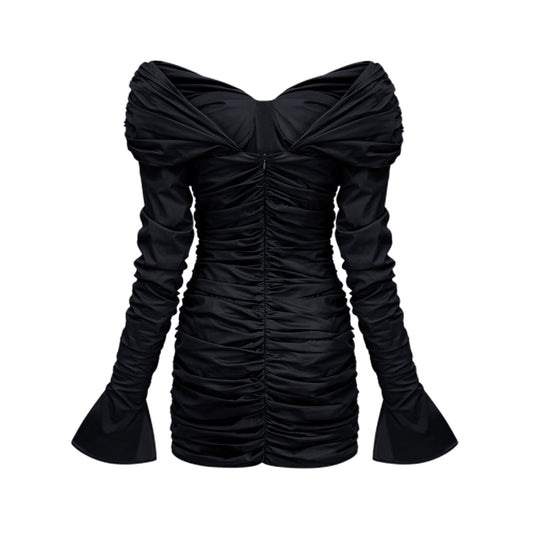 Apolline black off-shoulder ruched mini dress