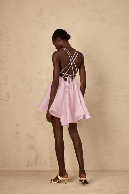 Quincie Pink Shirred Flounced Mini Dress