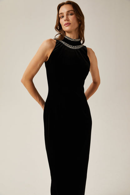 Colette black crystal-embellished velvet gown