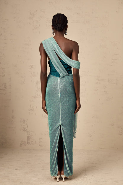 Delphine ribbon-design corset maxi dress in Green