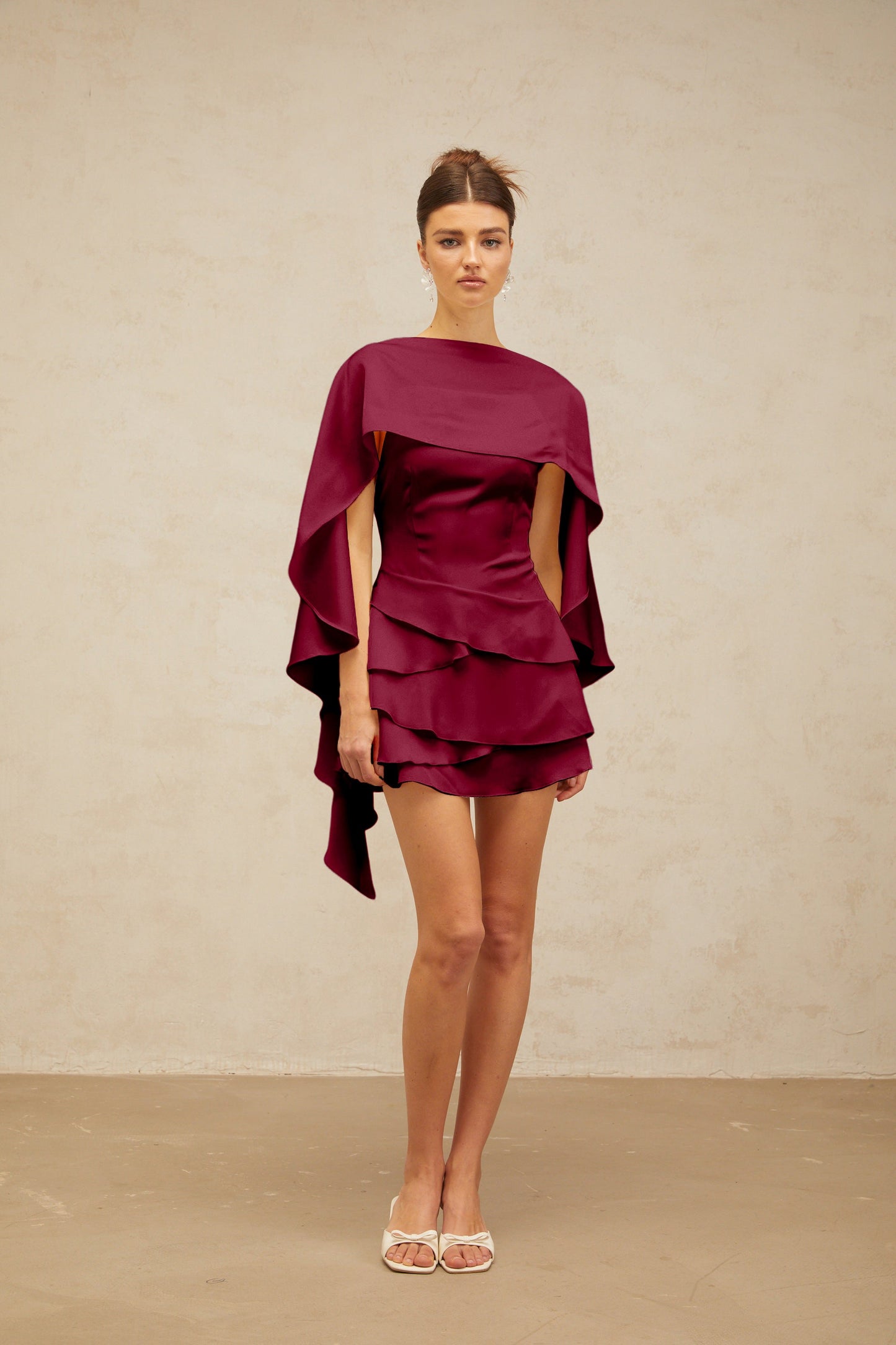 Lyna shawl-panel ruffled satin mini dress in Red