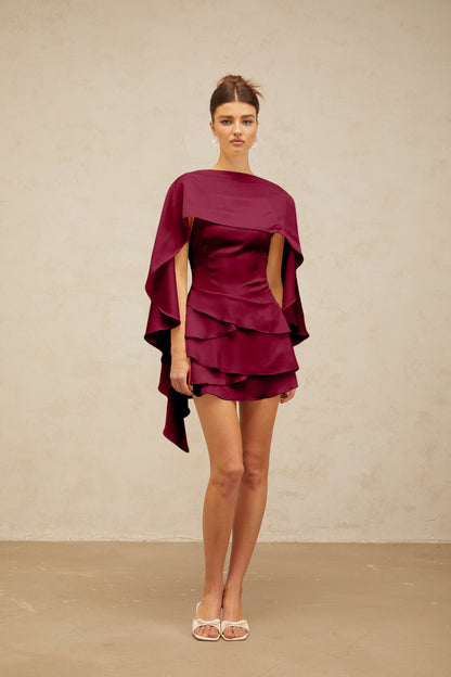 Lyna shawl-panel ruffled satin mini dress in Red