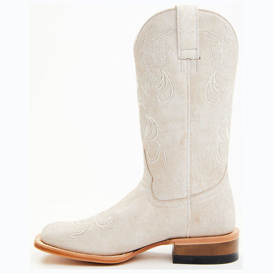 Beige Square Toe Floral Embroidered Cowgirl Boots with Chunky Heel