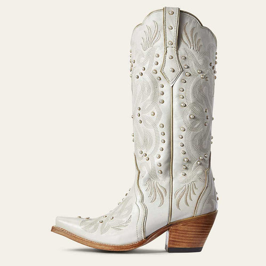 Elegant White Snip Toe Embroidered Mid-Calf Cowgirl Boots with Pearls