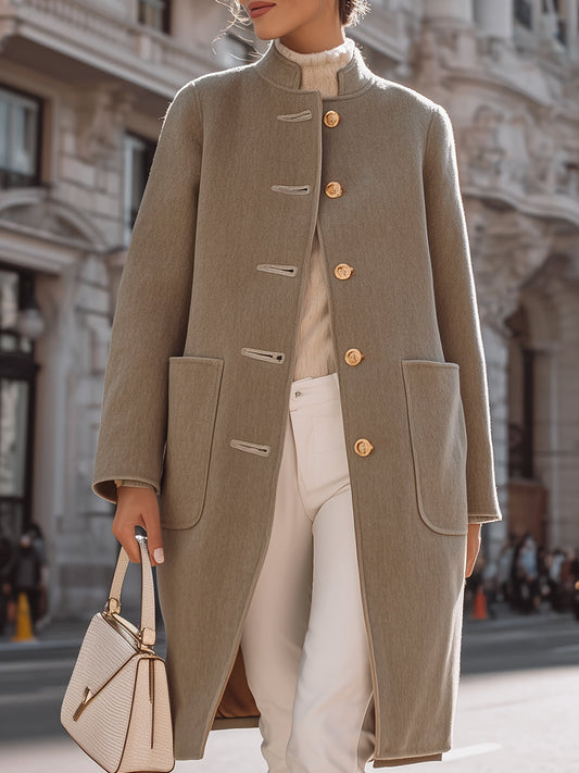 Elegant Wool-Blend Mid-Length Coat With Gold-Tone Buttons