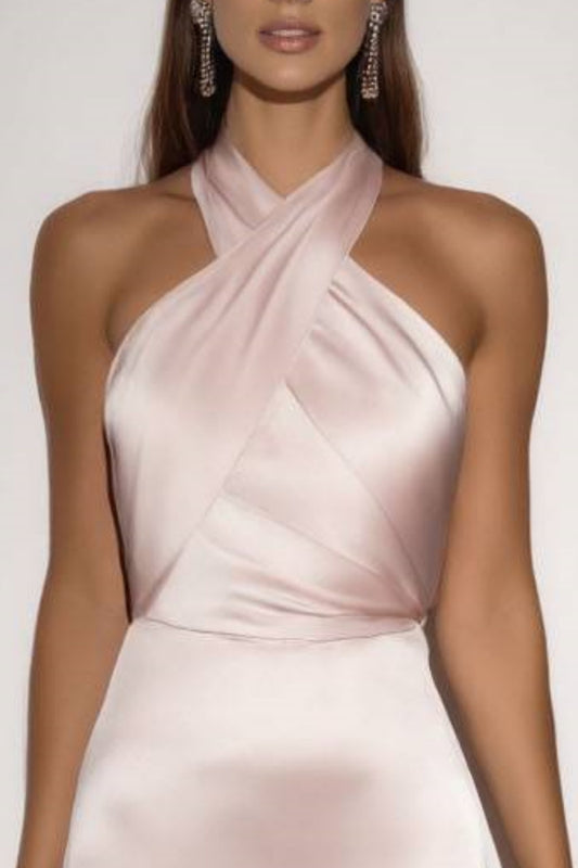 Formal Wedding Guest Dress Satin Pink Halter Neck  Maxi Dress