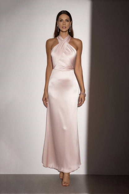 Formal Wedding Guest Dress Satin Pink Halter Neck  Maxi Dress