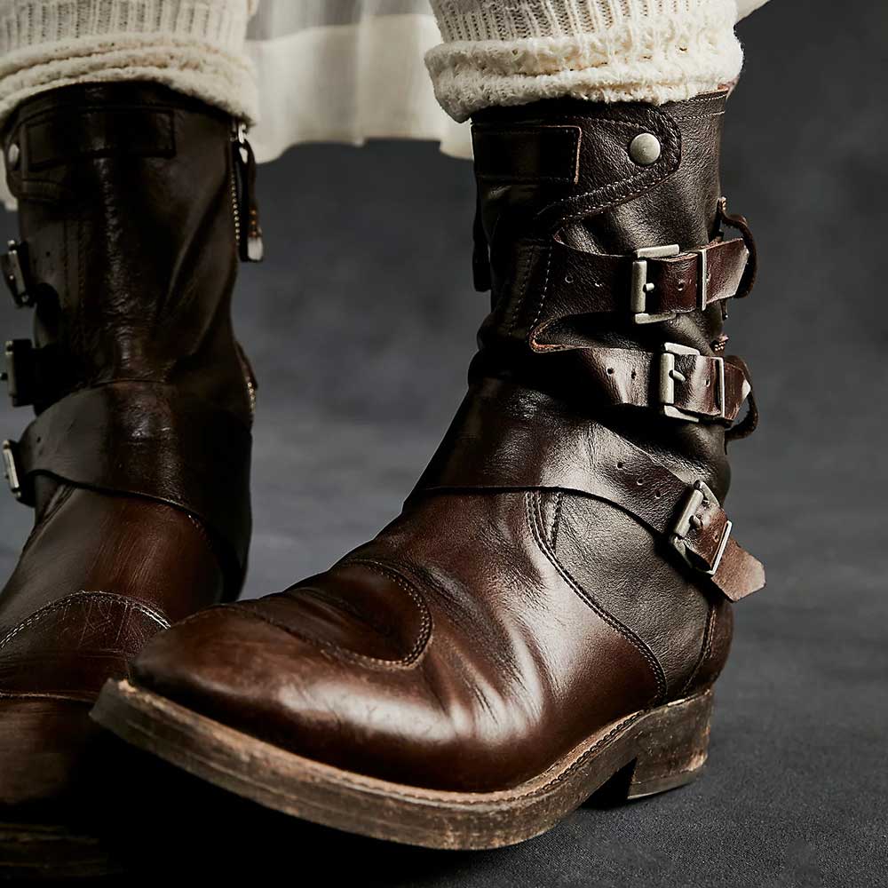 Distressed Round-Toe Buckle Biker Inspired Mid-Calf Boots in Brown