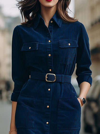 Elegant Navy Corduroy Belted Shirt Dress