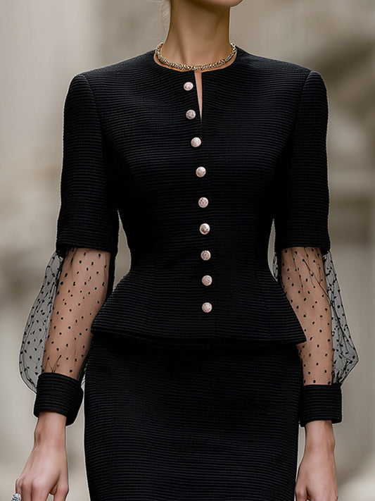 Elegant Peplum Skirt Set With Sheer Polka Dot Sleeves