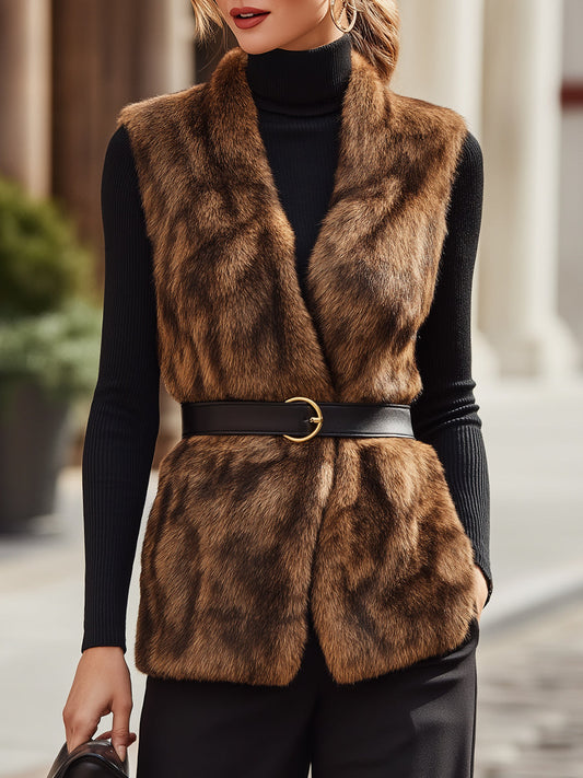 Faux Fur Sleeveless Vest With Belt