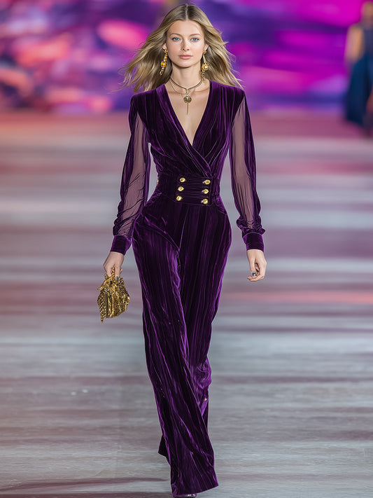 Exquisite And Fashionable V-neck Gold Double-breasted Purple Organza Spliced velvet Jumpsuit