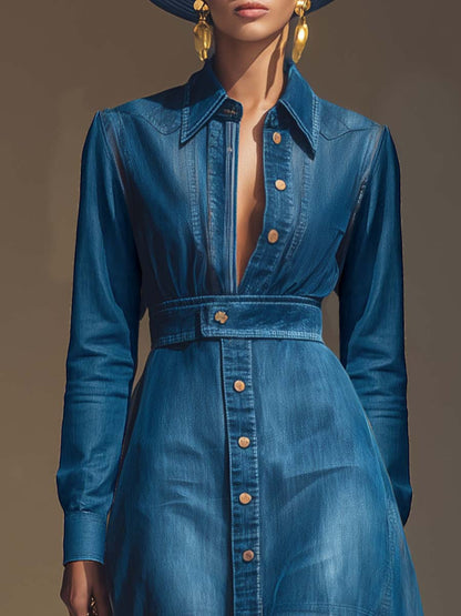 Exquisite And Fashionable Front Button V-neck Long Sleeve Organza Blue Denim Maxi Dress