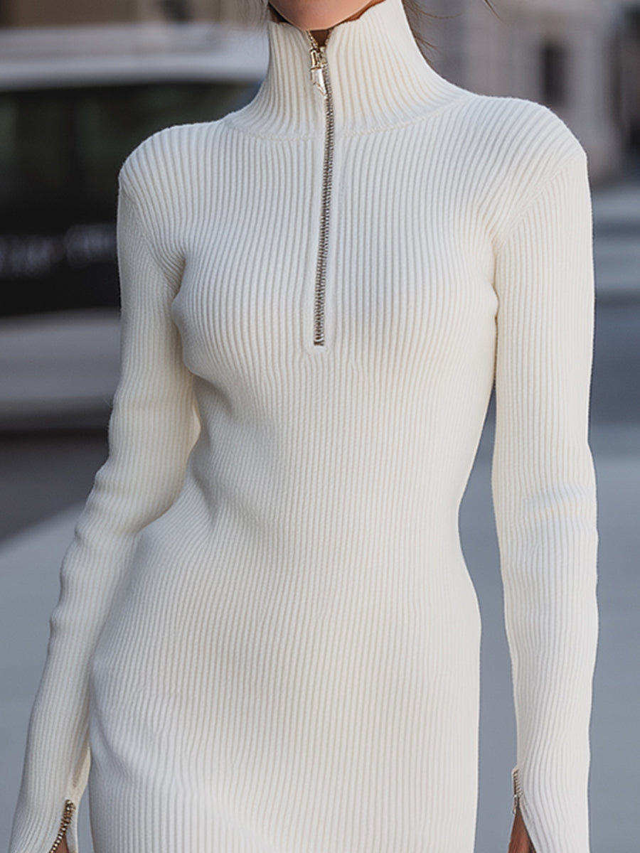 Elegant Ribbed Knit Midi Dress With Zipper Detail