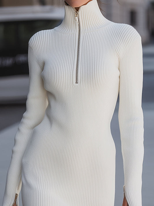 Elegant Ribbed Knit Midi Dress With Zipper Detail
