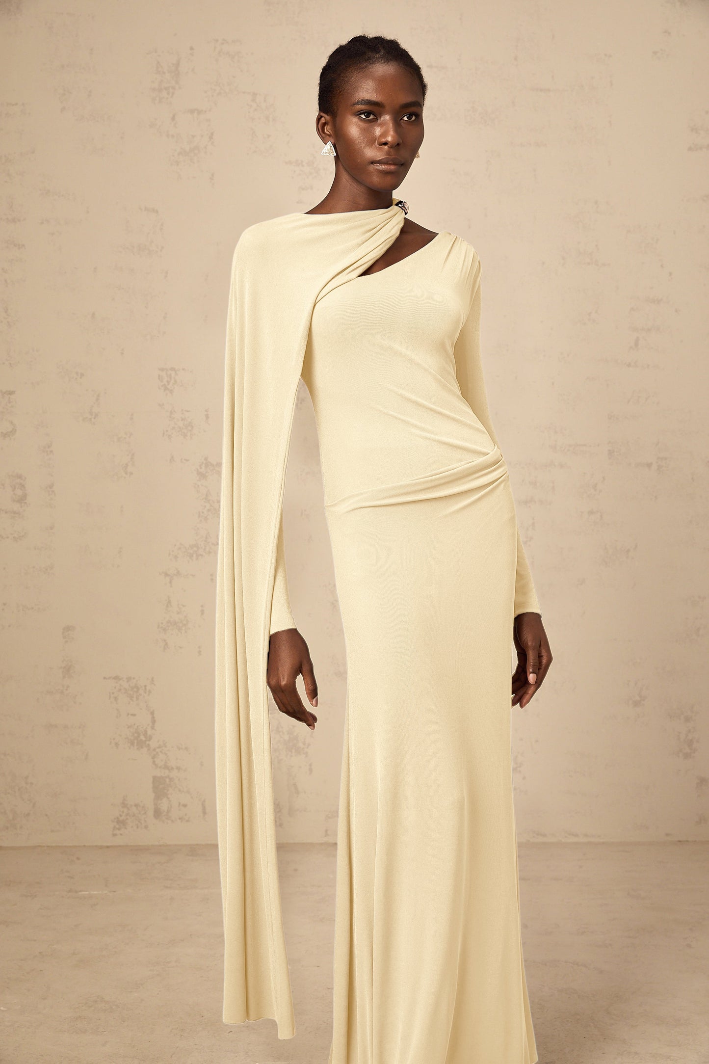 Josette Yellow Diagonal Shawl Fitted Maxi Dress