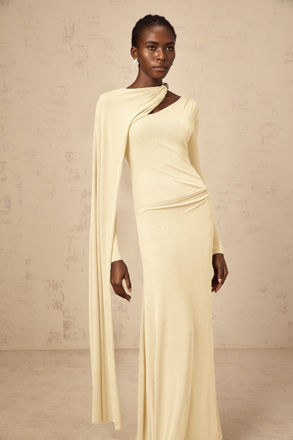 Josette Yellow Diagonal Shawl Fitted Maxi Dress