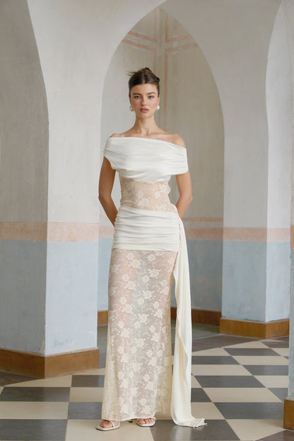 Lilou neutrals ribbon panelled floral-lace maxi dress