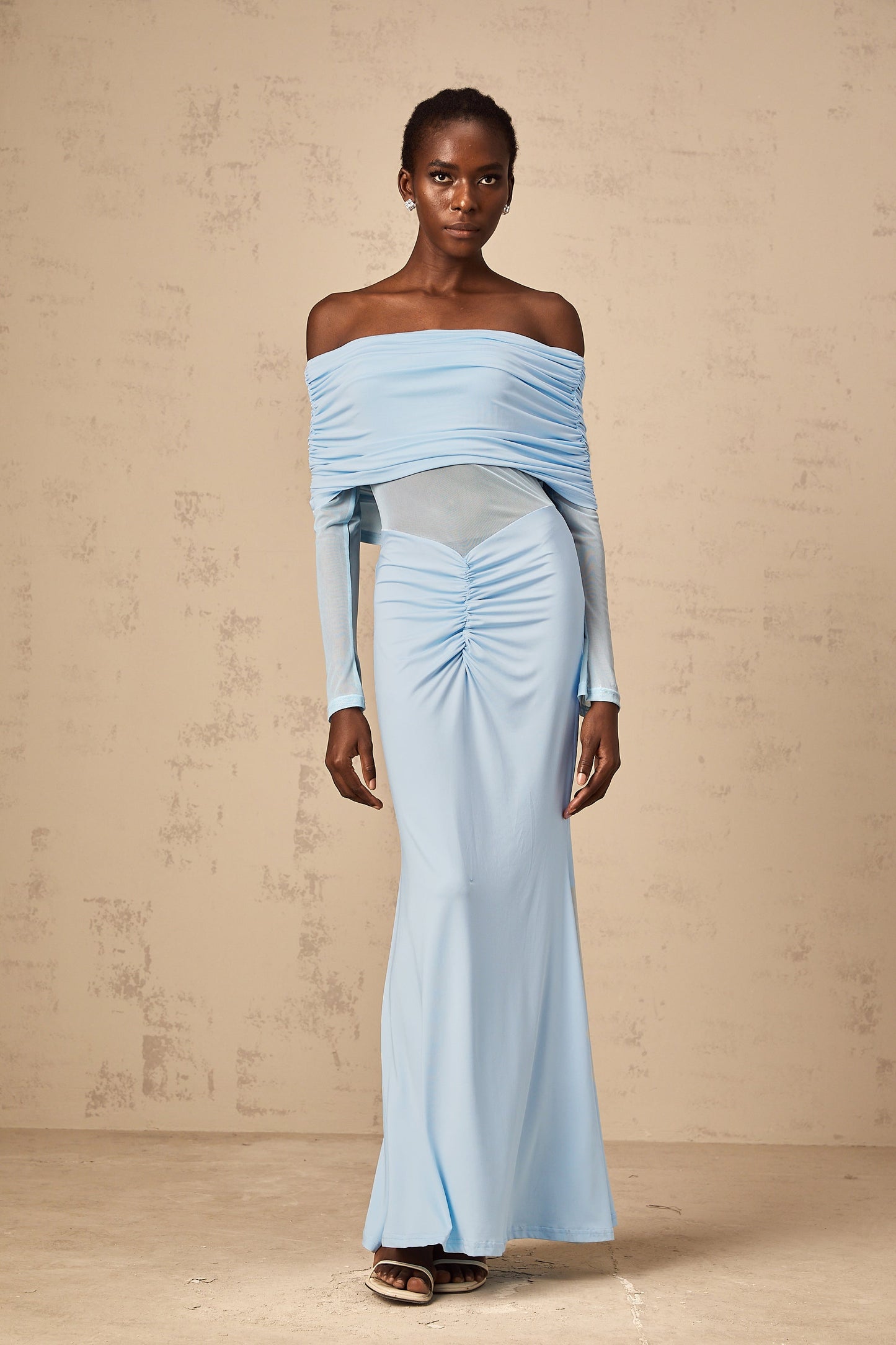 Ninon blue off-shoulder ruched maxi dress