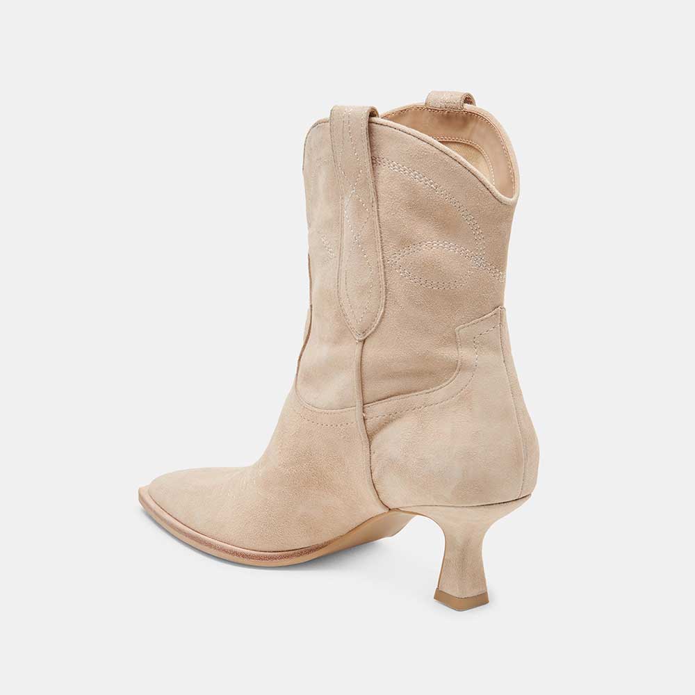 Beige Pointed Toe Kitten Heel Pull Tab Ankle Boots with Stitching