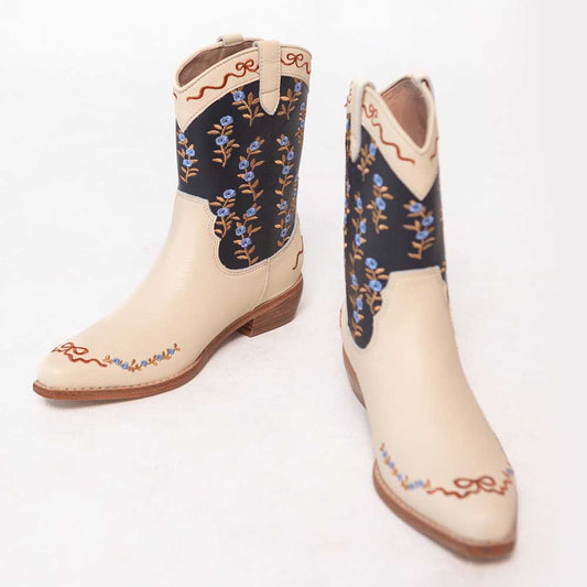 Beige and Navy Flower Embroidered Snip Toe Short Cowgirl Boots