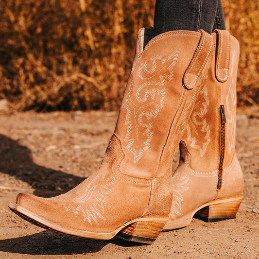 Beige Faux Suede Snip Toe Chunky Heel Mid-Calf Cowgirl Boots