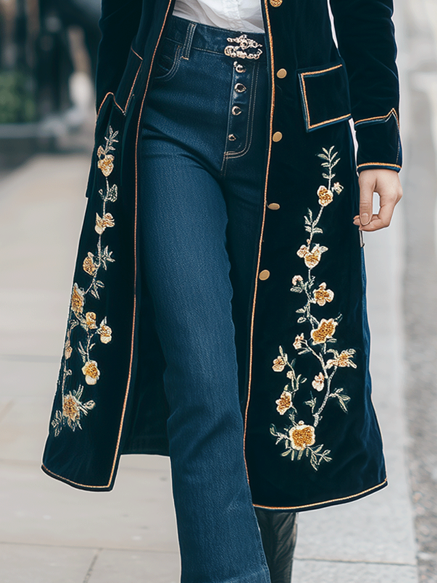 Elegant Baroque Navy Velvet Gold Floral Embroidery Long Coat