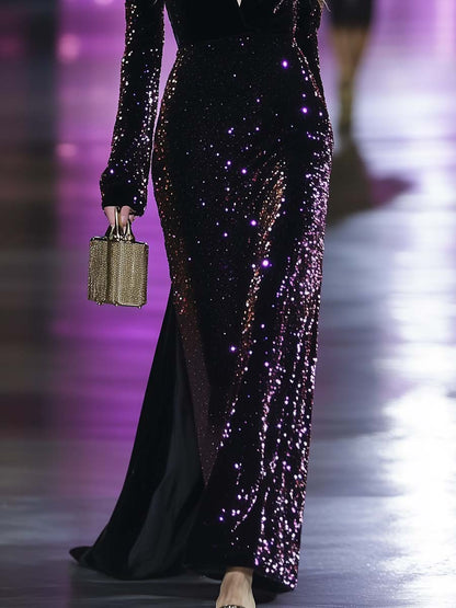 Fashion Retro V-neck Long-sleeved Purple Sequined Black Velvet Slit Maxi Dress