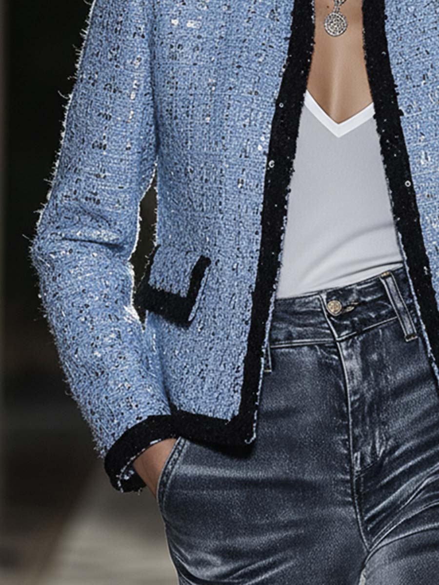 Elegant And Fashionable Blue Sequined Tweed Jacket