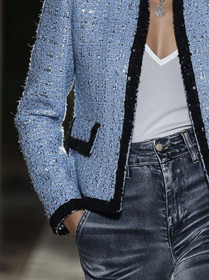 Elegant And Fashionable Blue Sequined Tweed Jacket