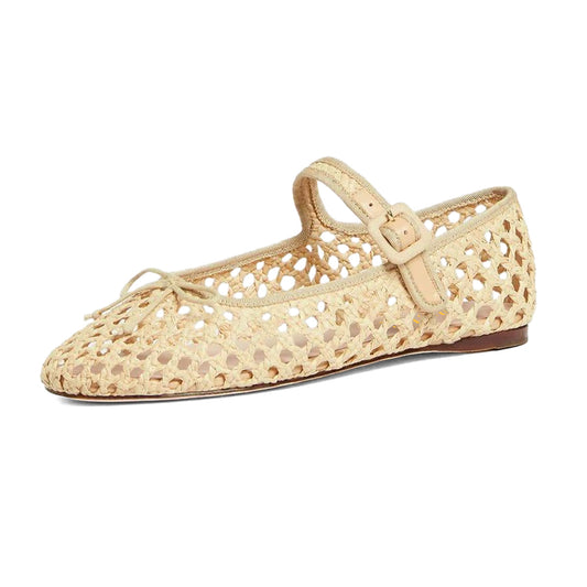 Beige Cut Out Round Toe Buckled Strappy Flat Mary Jane Shoes with Bow