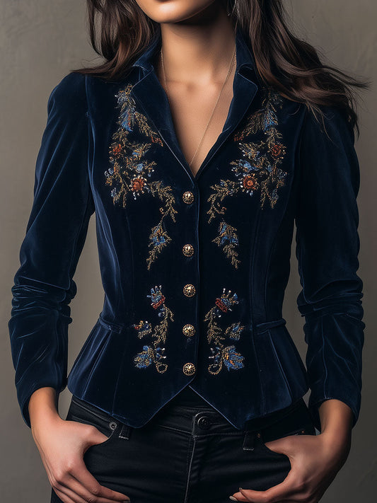 Baroque Floral Embroidered Navy Velvet Fitted Blazer