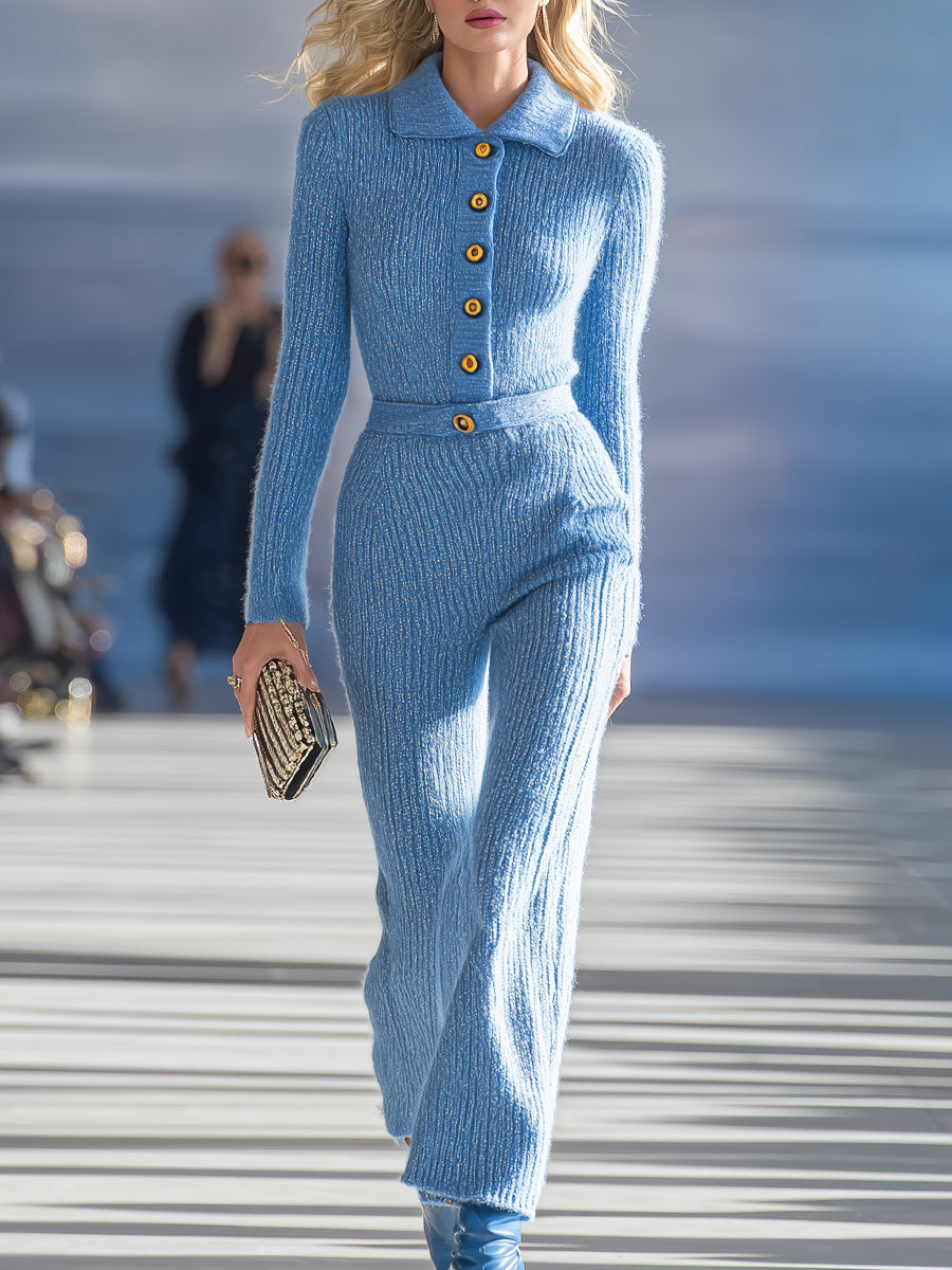 Fashion Retro Blue Lapel Button Knitted Trousers Set