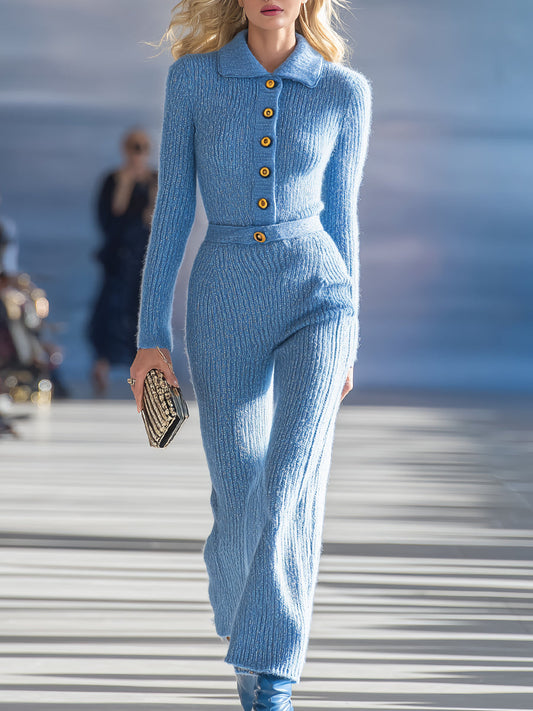 Fashion Retro Blue Lapel Button Knitted Trousers Set
