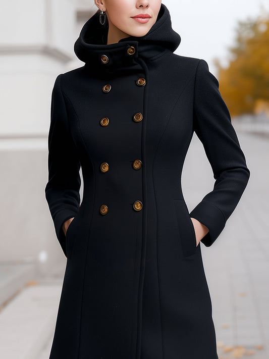 Double-Breasted Hooded Wool-Blend Coat
